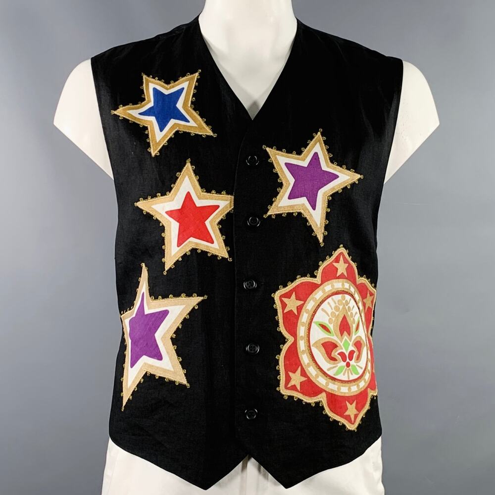 BYBLOS Size 42 Black Multi Color Stars Linen V-Neck Vest